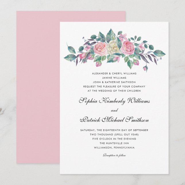 Rosa Creme-Rose | 3 Sets Hochzeit Einladung (Vorne/Hinten)