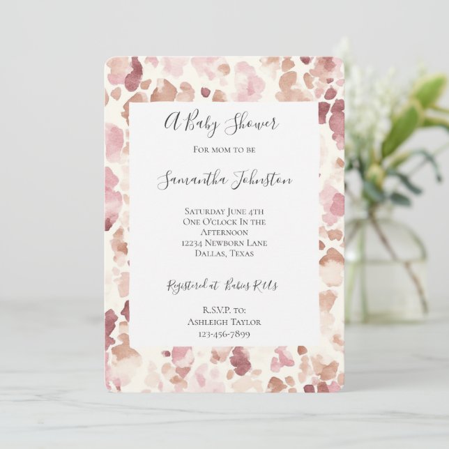 Rosa Creme Schokolade Braun Leopard Babydusche Einladung (Stehend Vorderseite)
