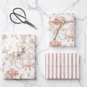 Rosa Creme Weiße Blumen Streifen Brautparty Geschenkpapier Set