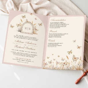 Rosa Creme Wildblumen Schmetterling Bogen Hochzeit Einladung
