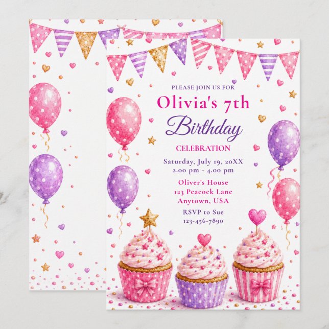 Rosa Cupcake 7. Geburtstagsfeier Einladung (Vorne/Hinten)
