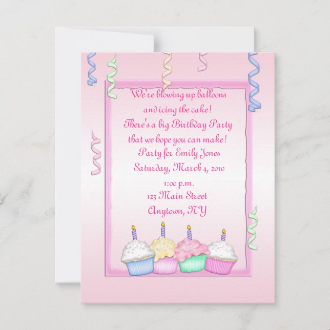 Rosa Cupcake Geburtstag Einladung (Vorderseite)