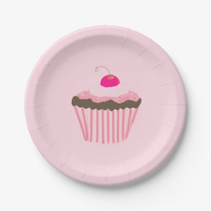 Rosa Cupcake mit einer Kirsche oben drauf Pappteller