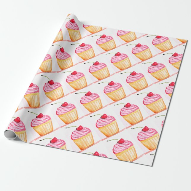 Rosa Cupcake mit Kirschbäckerei Party Festlich Geschenkpapier (Ungerollt)