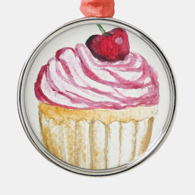 Rosa Cupcake mit Kirsche Ornament Aus Metall (Vorne)