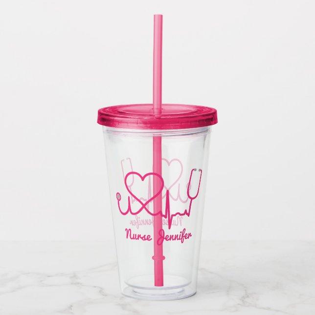 Rosa Custom Nurse Name Stethoscope Heart Life Line Acryltrinkbecher (Vorderseite)