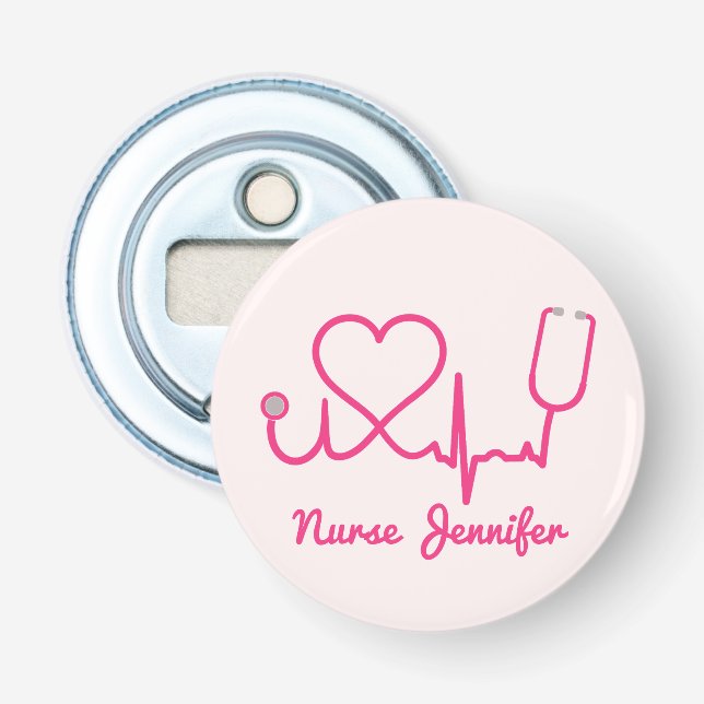 Rosa Custom Nurse Name Stethoscope Heart Life Line Flaschenöffner (Vorderseite)