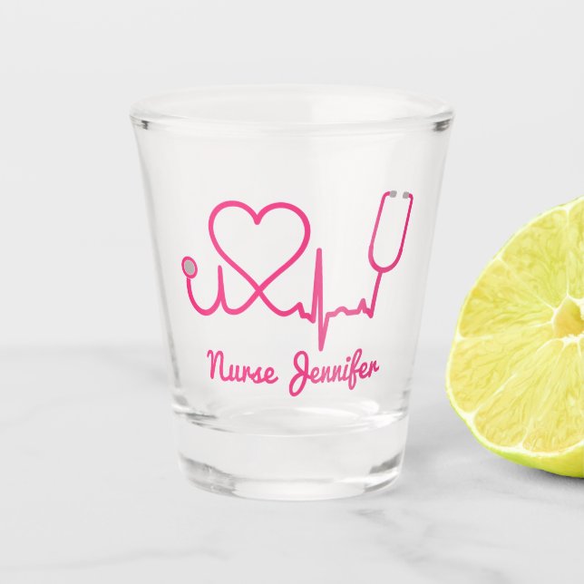 Rosa Custom Nurse Name Stethoscope Heart Life Line Schnapsglas (Vorderseite)