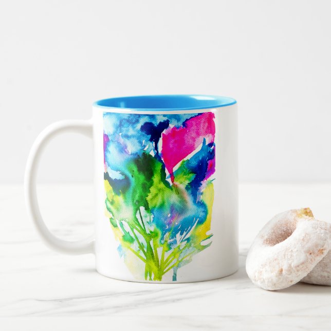 Rosa Cyclamen Blume abstrakte Wasserfarbe Zweifarbige Tasse (Mit Donut)