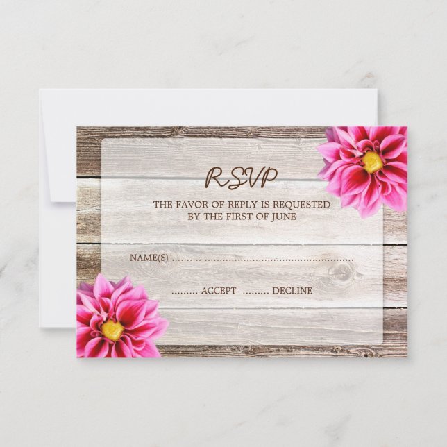 Rosa Dahlia Barn Wood Wedding RSVP Response Card (Vorderseite)