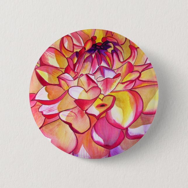 Rosa Dahlia Blume Aquarell Kunst Button (Vorderseite)