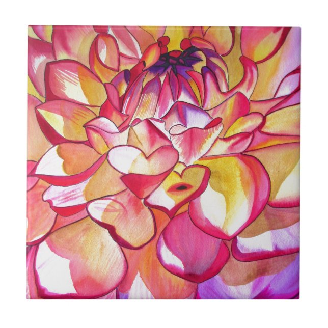 Rosa Dahlia Blume Aquarell Kunst Fliese (Vorderseite)