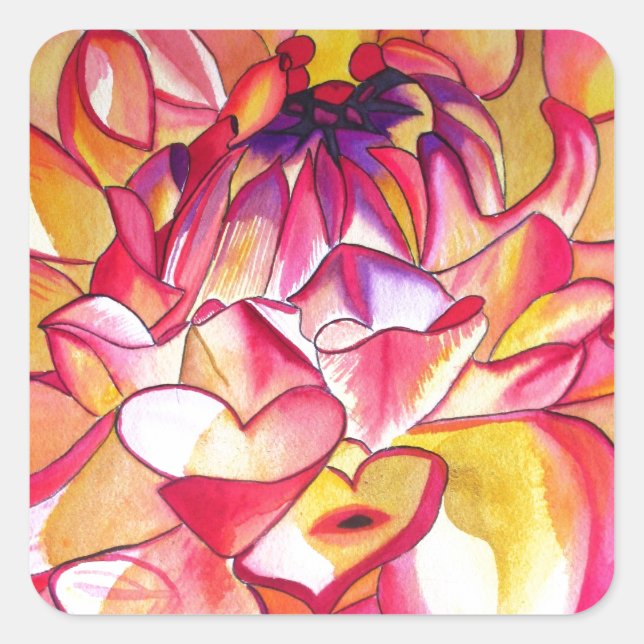 Rosa Dahlia Blume Aquarell Kunst Quadratischer Aufkleber (Vorderseite)