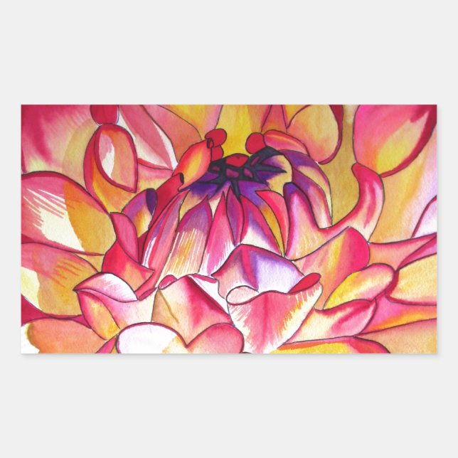 Rosa Dahlia Blume Aquarell Kunst Rechteckiger Aufkleber (Vorderseite)