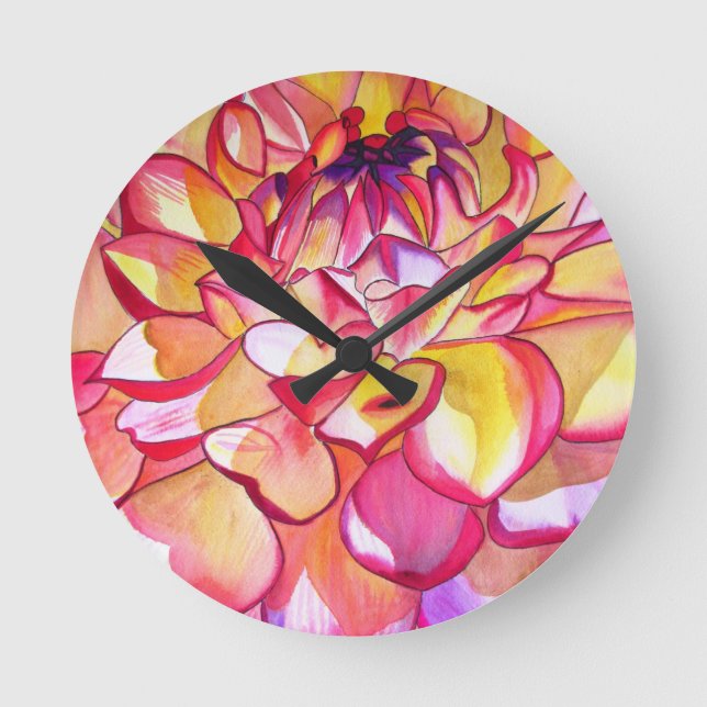 Rosa Dahlia Blume Aquarell Kunst Runde Wanduhr (Vorderseite)
