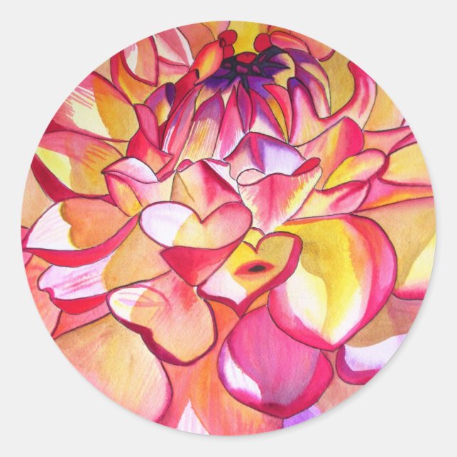 Rosa Dahlia Blume Aquarell Kunst Runder Aufkleber (Vorderseite)