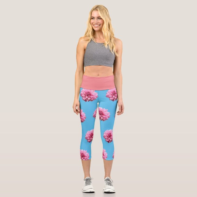 Rosa Dahlia-Blume Capri Leggings (Vorderseite)