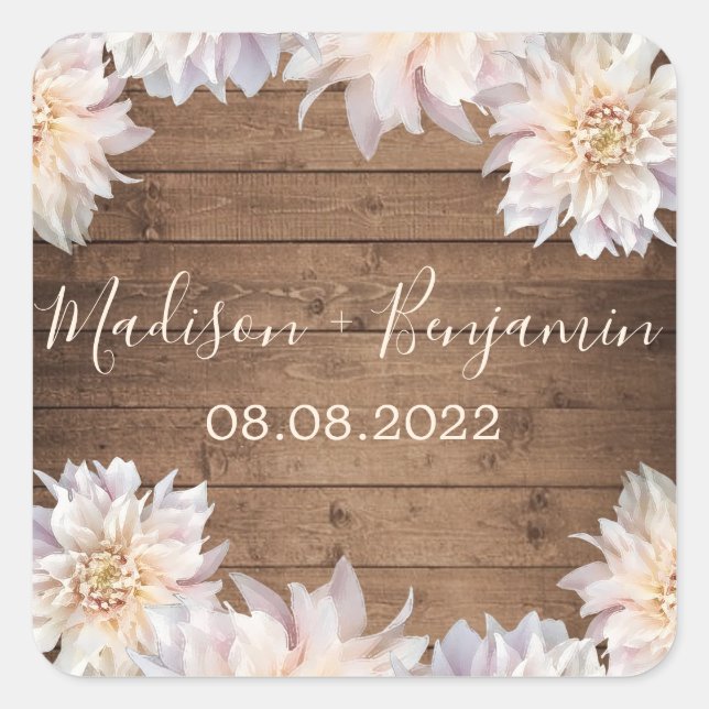 Rosa Dahlia Blume Rustikales Holz Hochzeitsplatz Quadratischer Aufkleber (Vorderseite)