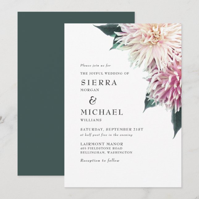 Rosa Dahlia Blumenwald Grüne Hochzeit Einladung (Vorne/Hinten)