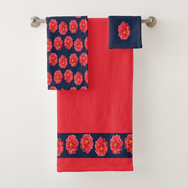 Rosa Dahlische Blume auf blau Badhandtuch Set (Insitu)