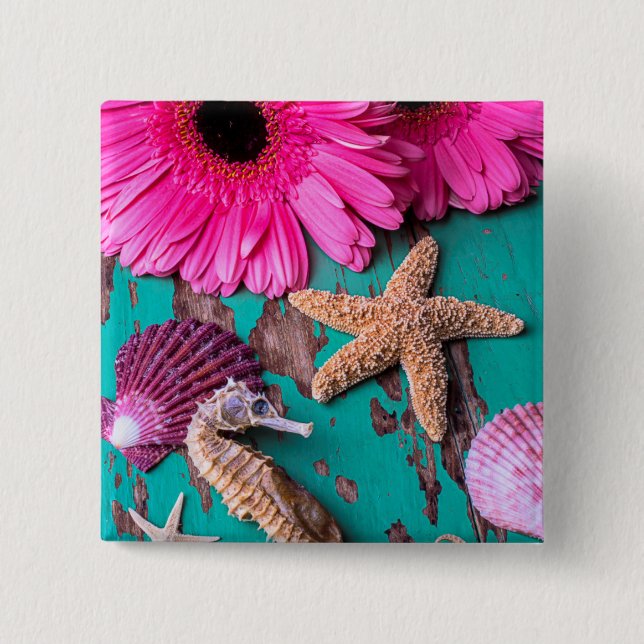 Rosa Daises und Seepferd mit Starfish Button (Vorderseite)