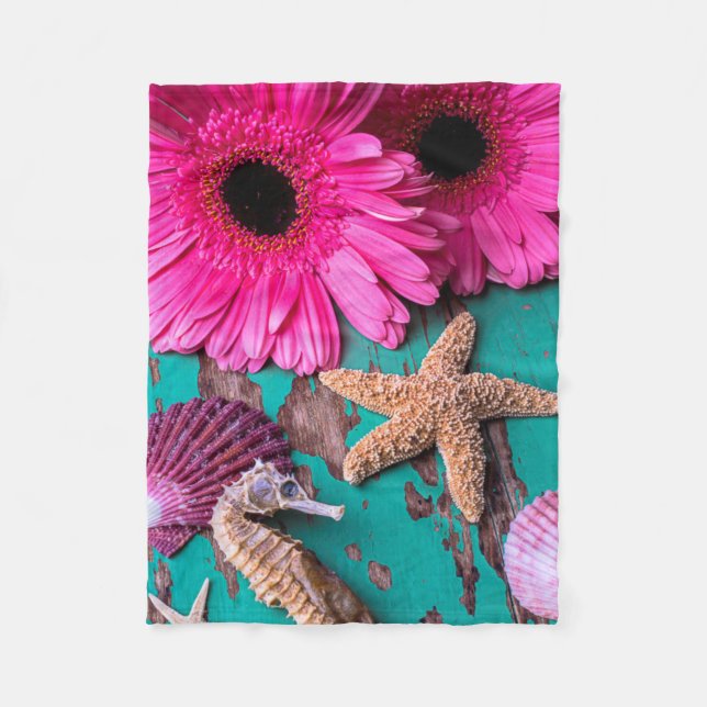 Rosa Daises und Seepferd mit Starfish Fleecedecke (Vorderseite)