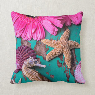 Rosa Daises und Seepferd mit Starfish Kissen