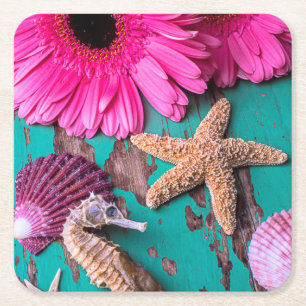 Rosa Daises und Seepferd mit Starfish Rechteckiger Pappuntersetzer