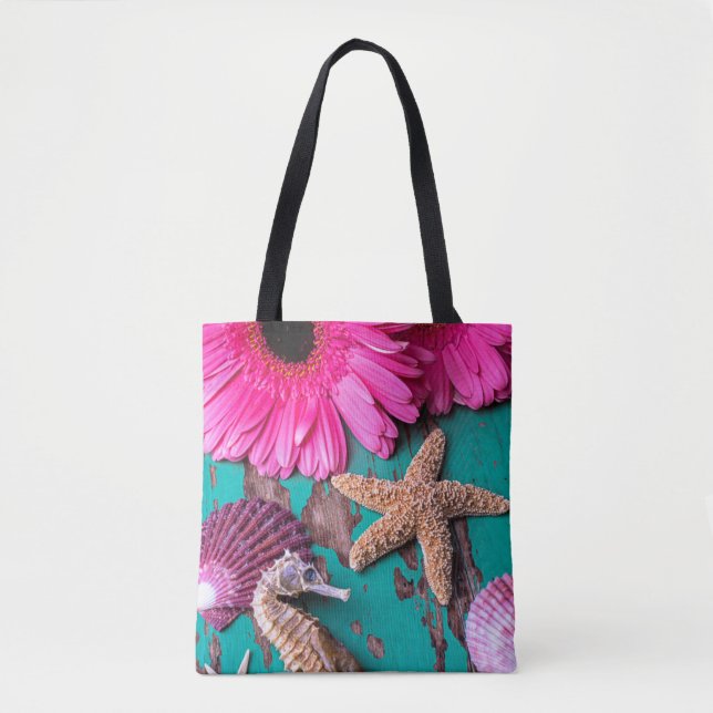 Rosa Daises und Seepferd mit Starfish Tasche (Vorderseite)