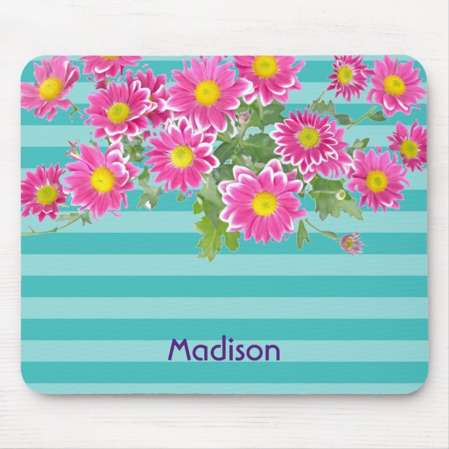 Rosa Daisy Blume auf Türkis Streifen Mousepad (Vorne)