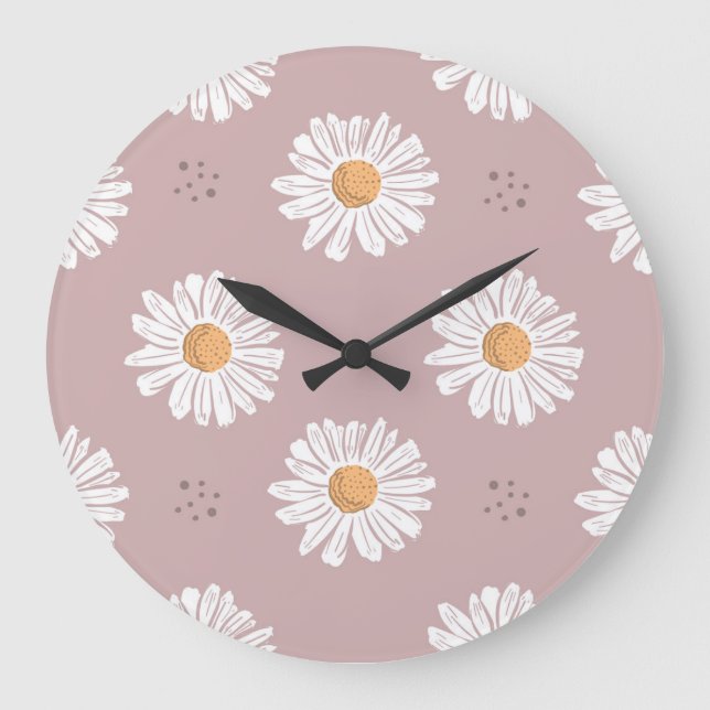 Rosa Daisy: Blumenmuster wiederholt sich. Große Wanduhr (Vorderseite)