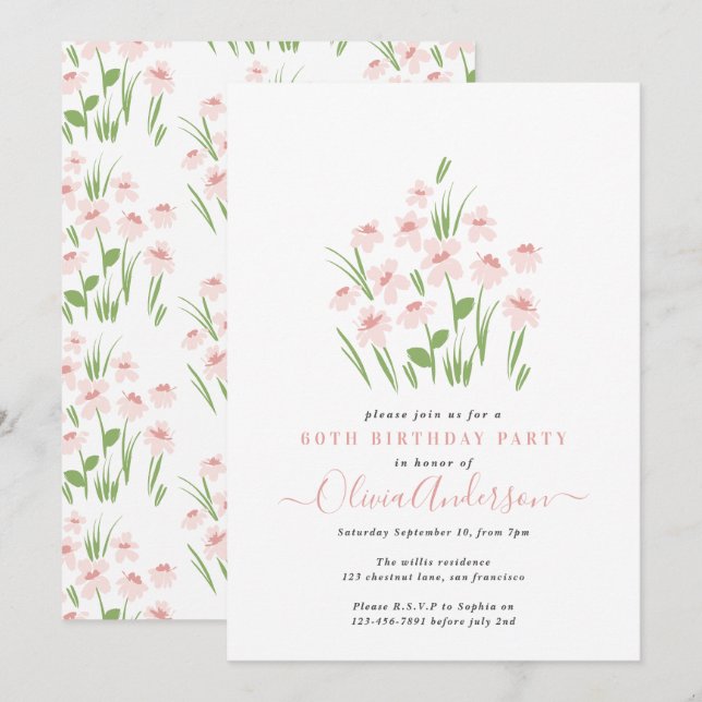 Rosa daisy floral elegant 60. Geburtstag Einladung (Vorne/Hinten)