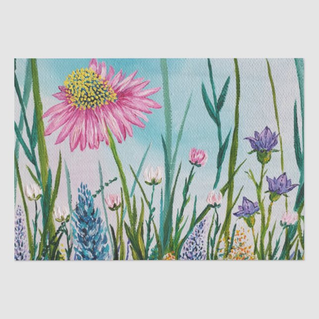 Rosa Daisy in einer Wiese von Wildblumen Ölgemälde Seidenpapier (Vorderseite)