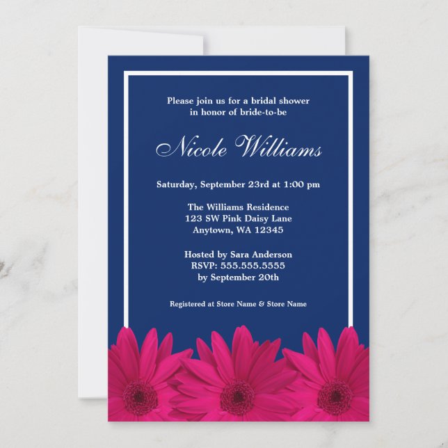 Rosa Daisy Navy Blue Border Brautparty Einladung (Vorderseite)
