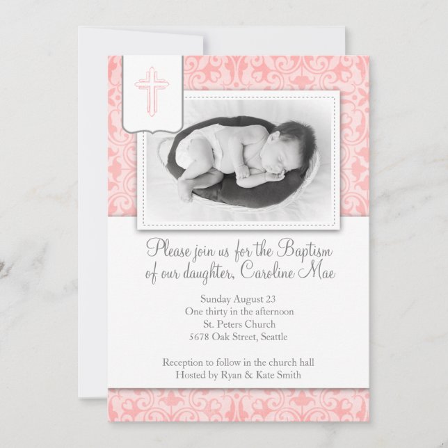 Rosa Damask Baby Girl Taufe Einladung (Vorderseite)