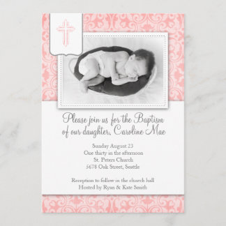Rosa Damask Baby Girl Taufe Einladung