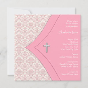 Rosa Damask Cross Girl Taufe Christine Einladung