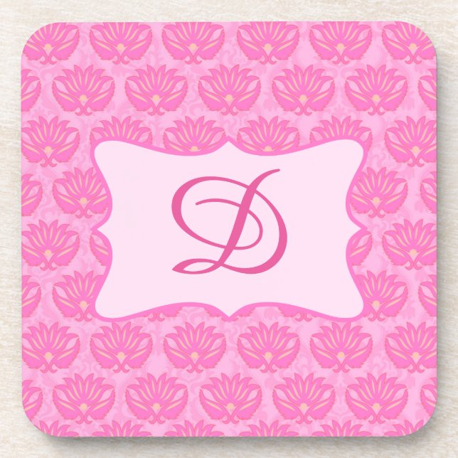 rosa Damask Custom Monogram Initial Untersetzer (Vorderseite)