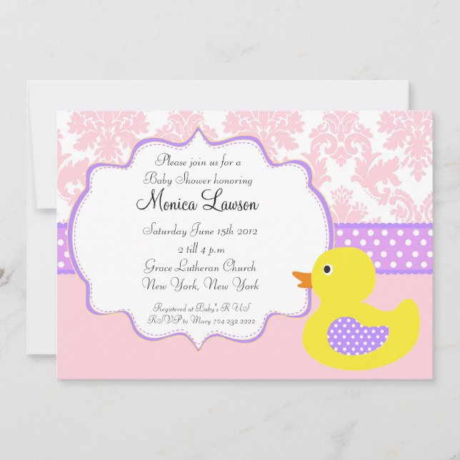 Rosa Damask Ducky Modern Baby Shower Einladung (Vorderseite)