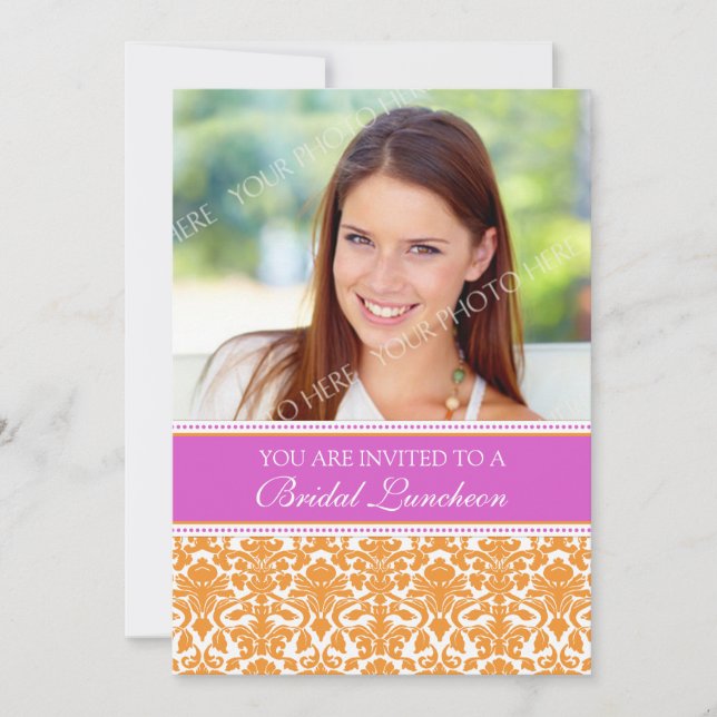 Rosa Damask Foto Bridal Luncheon Einladung Karte (Vorderseite)