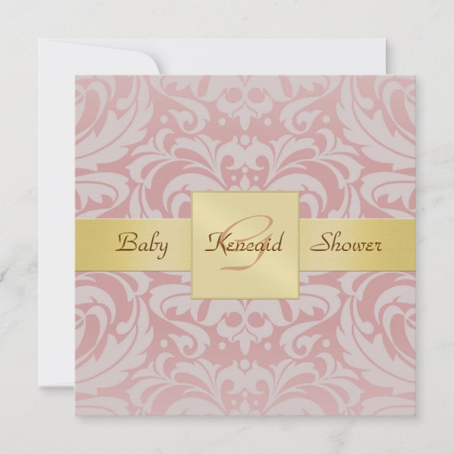 Rosa Damask Gold Ribbon Babydusche Einladung (Vorderseite)