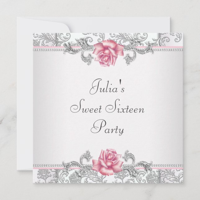 Rosa Damask Hübsch Pink 16 . Geburtstag Party Einladung (Vorderseite)