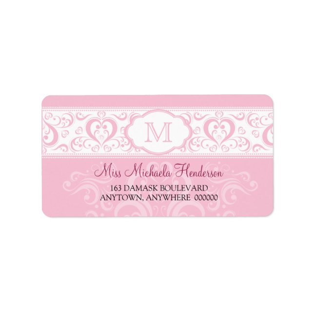Rosa Damask Monogramm-Adressenaufkleber Adressaufkleber (Vorne)