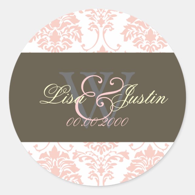 Rosa Damask Monogramm Hochzeitsticker Runder Aufkleber (Vorderseite)