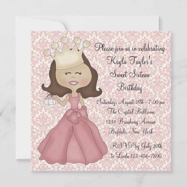Rosa Damask Prinzessin Sweet 16 Party Einladung (Vorderseite)