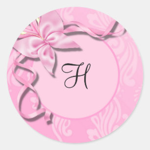 Rosa Damask Ribbon Butterfly Wedding Siegel Runder Aufkleber