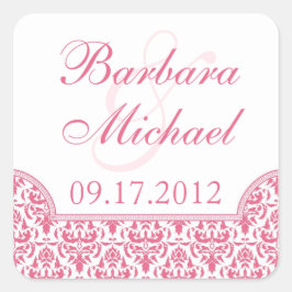 Rosa Damask Square Hochzeitskleber Quadratischer Aufkleber