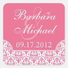 Rosa Damask Square Hochzeitskleber Quadratischer Aufkleber