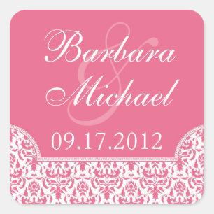 Rosa Damask Square Hochzeitskleber Quadratischer Aufkleber
