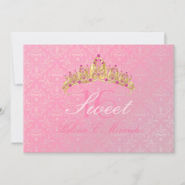 Rosa Damask Sweet 16/ tiara/ Einladungen (Vorderseite)